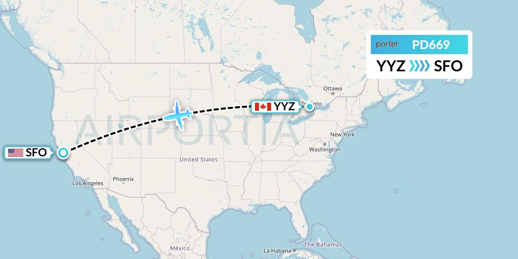 PD669 Porter Airlines Flight Map: Toronto to San Francisco