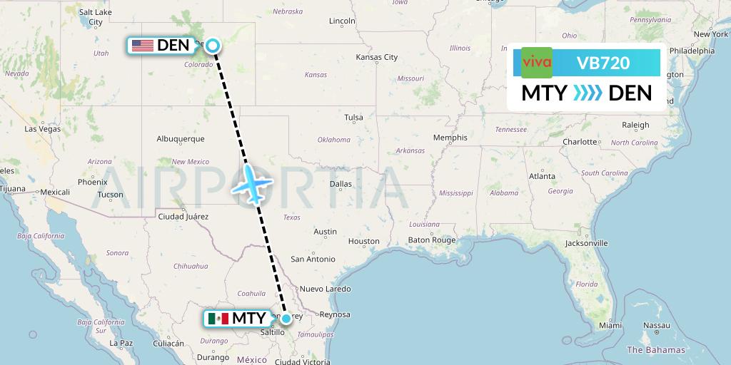 VB720 VivaAerobus Flight Map: Monterrey to Denver