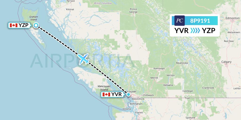 8P9191 Pacific Coastal Airlines Flight Map: Vancouver to Sandspit
