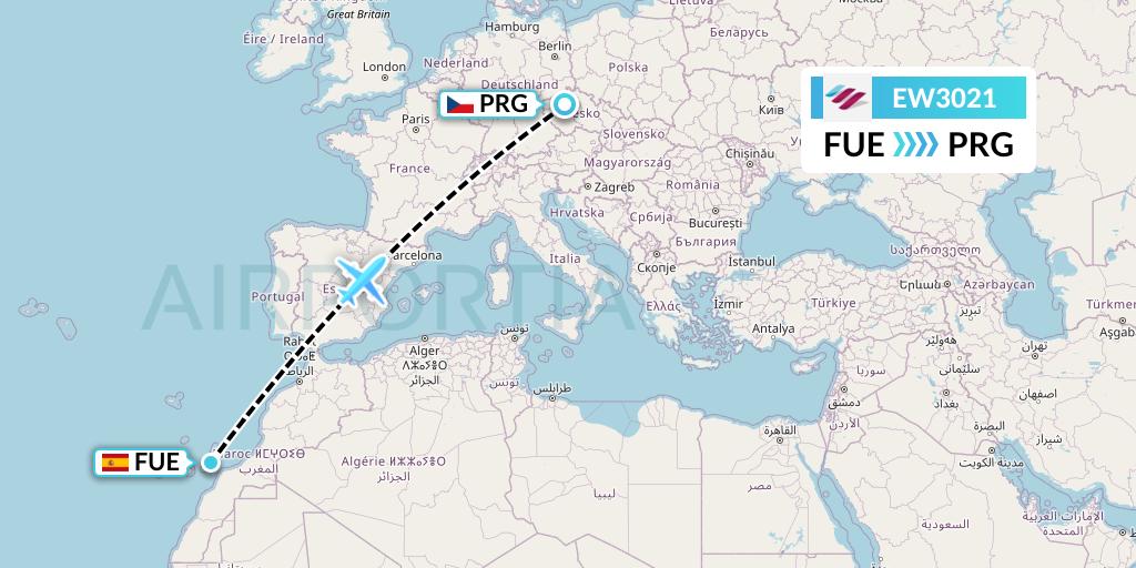 EW3021 Eurowings Flight Map: Fuerteventura to Prague