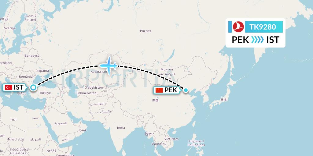 TK9280 Turkish Airlines Flight Map: Beijing to Istanbul