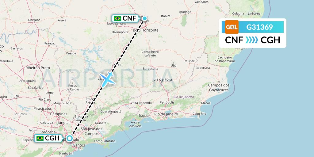G31369 GOL Transportes Aeros Flight Map: Belo Horizonte to Sao Paulo