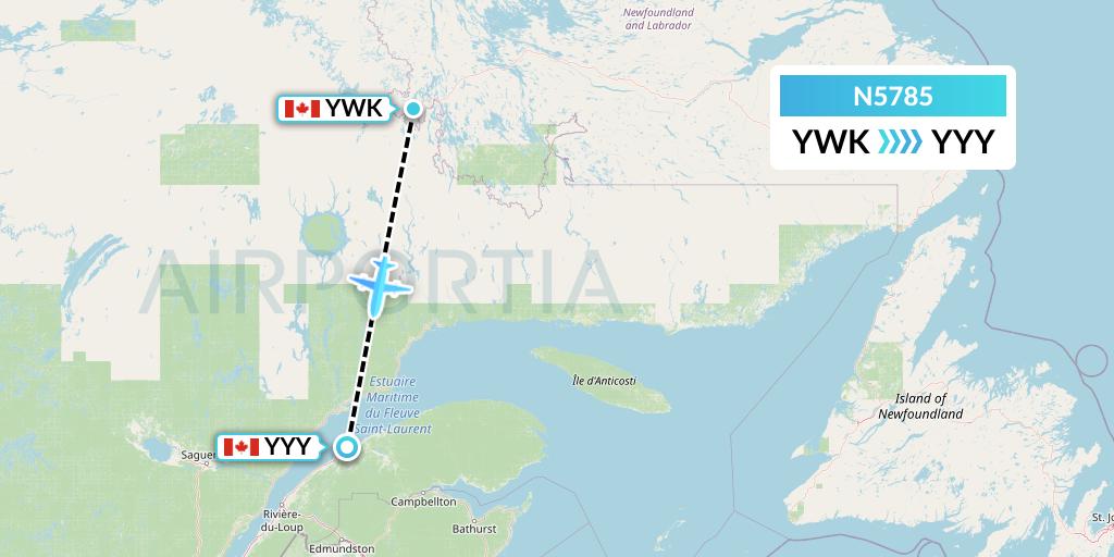 N5785 Nolinor Aviation Flight Map: Wabush to Mont-Joli