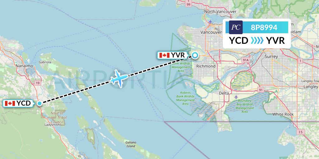 8P8994 Pacific Coastal Airlines Flight Map: Nanaimo to Vancouver