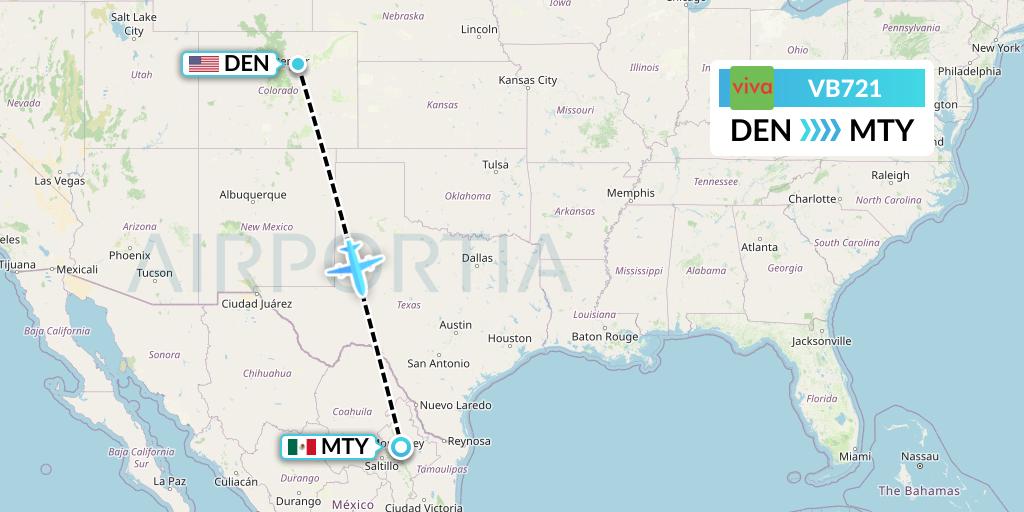VB721 VivaAerobus Flight Map: Denver to Monterrey