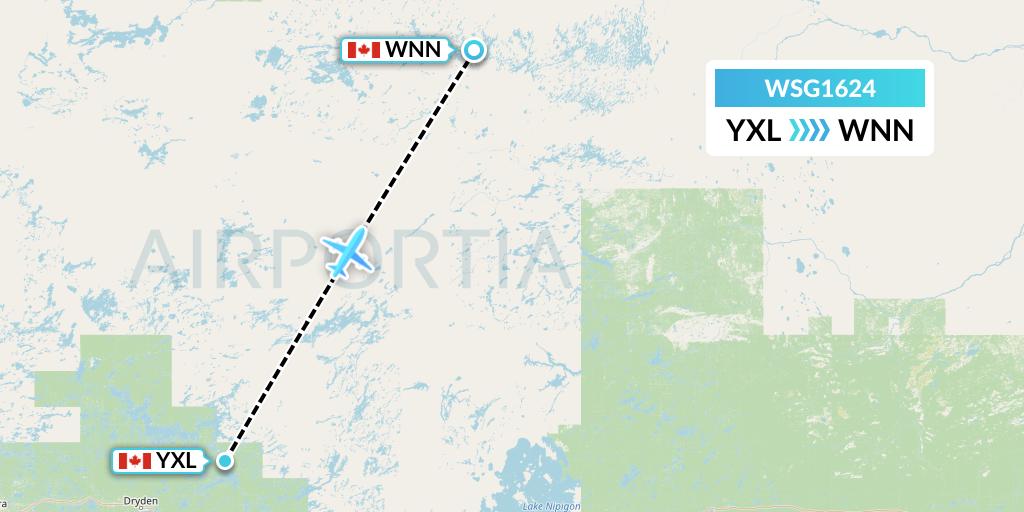 WSG1624 Wasaya Airways Flight Map: Sioux Lookout to Wunnummin Lake