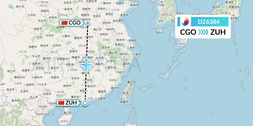 DZ6384 Donghai Airlines Flight Map: Zhengzhou to Zhuhai
