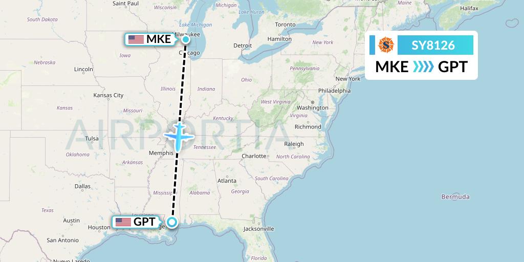 SY8126 Sun Country Airlines Flight Map: Milwaukee to Gulfport