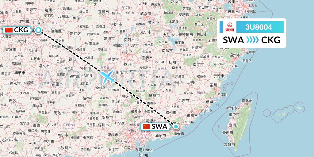 3U8004 Sichuan Airlines Flight Map: Jieyang to Chongqing
