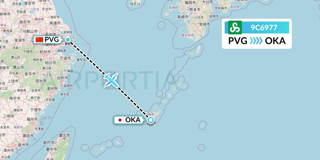 9C6977 Spring Airlines Flight Map: Shanghai to Naha