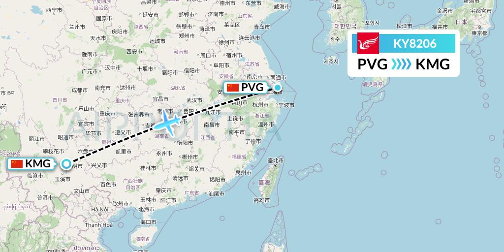 KY8206 Kunming Airlines Flight Map: Shanghai to Kunming