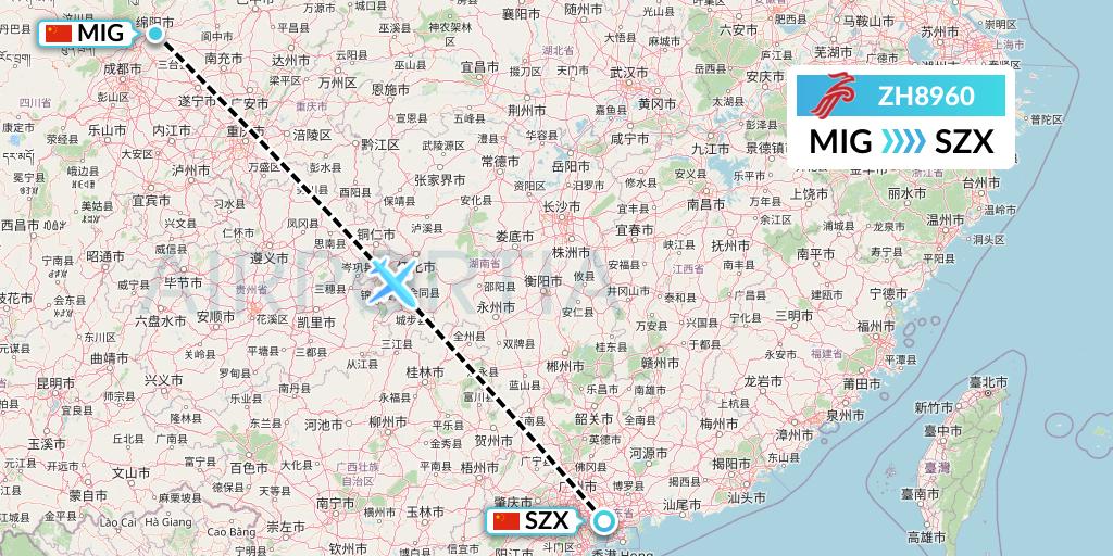 ZH8960 Shenzhen Airlines Flight Map: Mianyang to Shenzhen