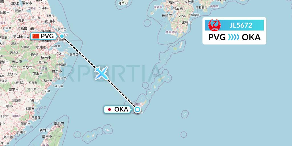 JL5672 Japan Airlines Flight Map: Shanghai to Naha