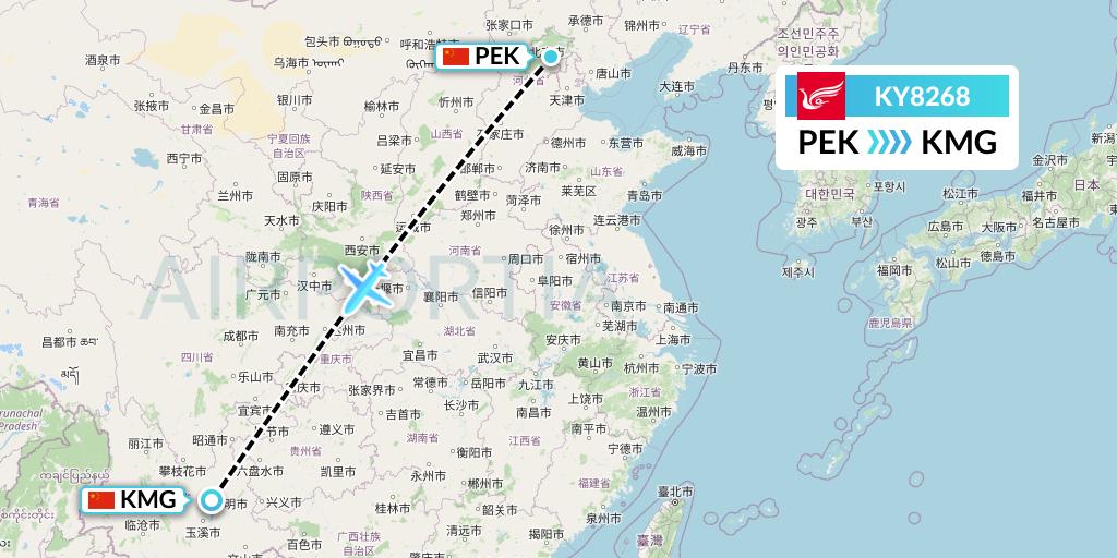 KY8268 Kunming Airlines Flight Map: Beijing to Kunming