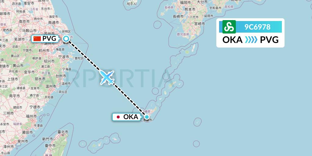 9C6978 Spring Airlines Flight Map: Naha to Shanghai