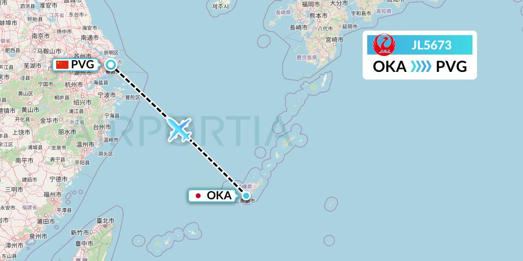 JL5673 Japan Airlines Flight Map: Naha to Shanghai