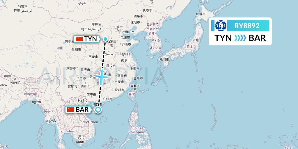 RY8892 Jiangxi Air Flight Map: Taiyuan to Qionghai