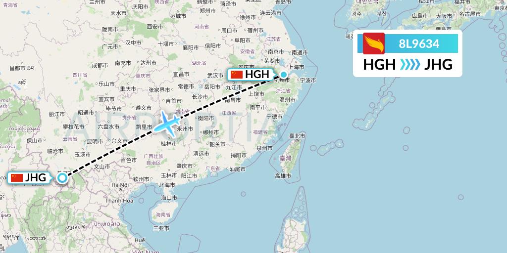 8L9634 Lucky Air Flight Map: Hangzhou to Jinghong