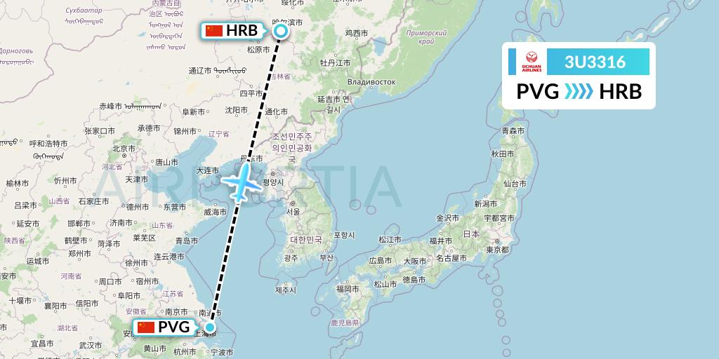 3U3316 Sichuan Airlines Flight Map: Shanghai to Harbin