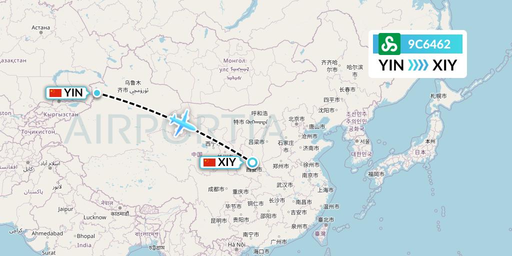 9C6462 Spring Airlines Flight Map: Yining to Xi'an
