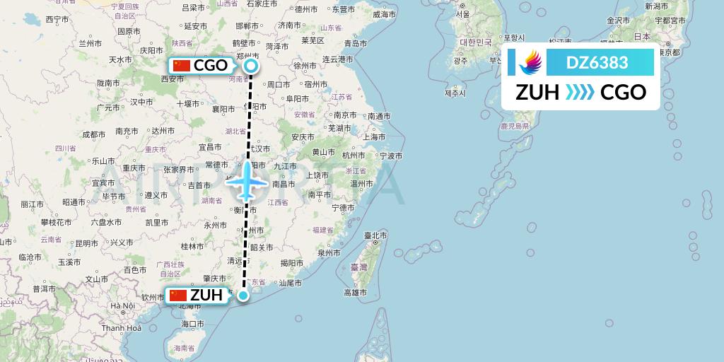 DZ6383 Donghai Airlines Flight Map: Zhuhai to Zhengzhou