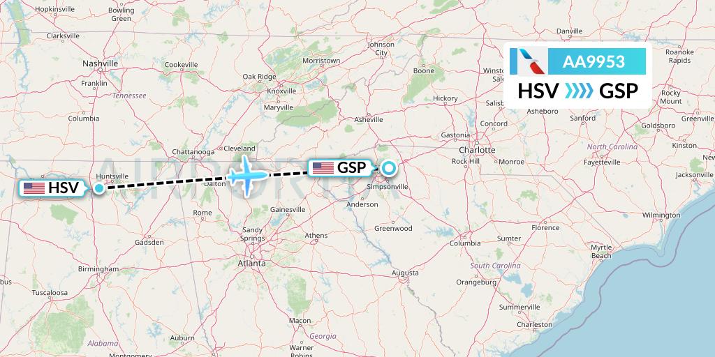 AA9953 American Airlines Flight Map: Huntsville to Greenville-Spartanburg