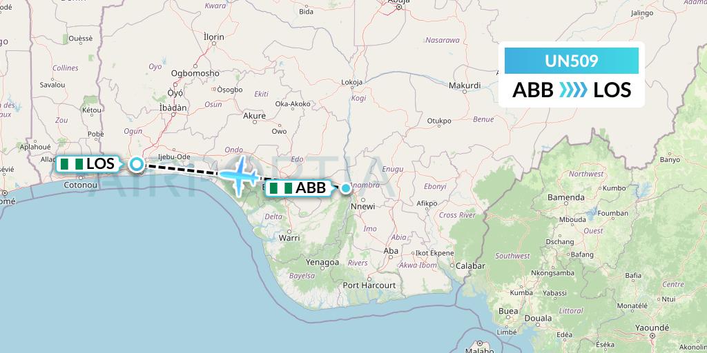 UN509 United Nigeria Airlines Flight Map: Asaba to Lagos