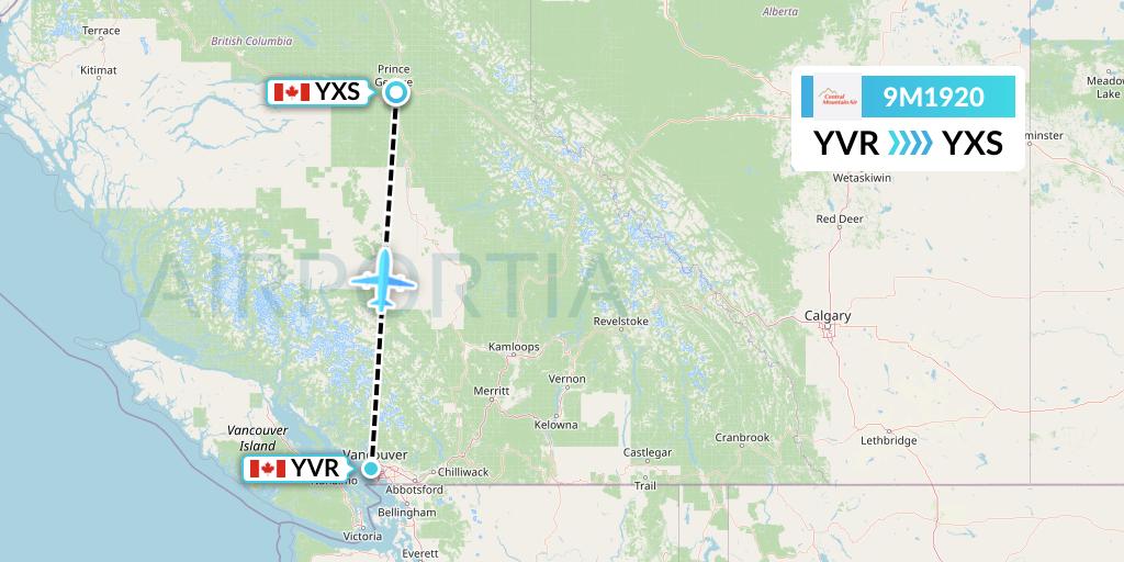 9M1920 Central Mountain Air Flight Map: Vancouver to Prince George