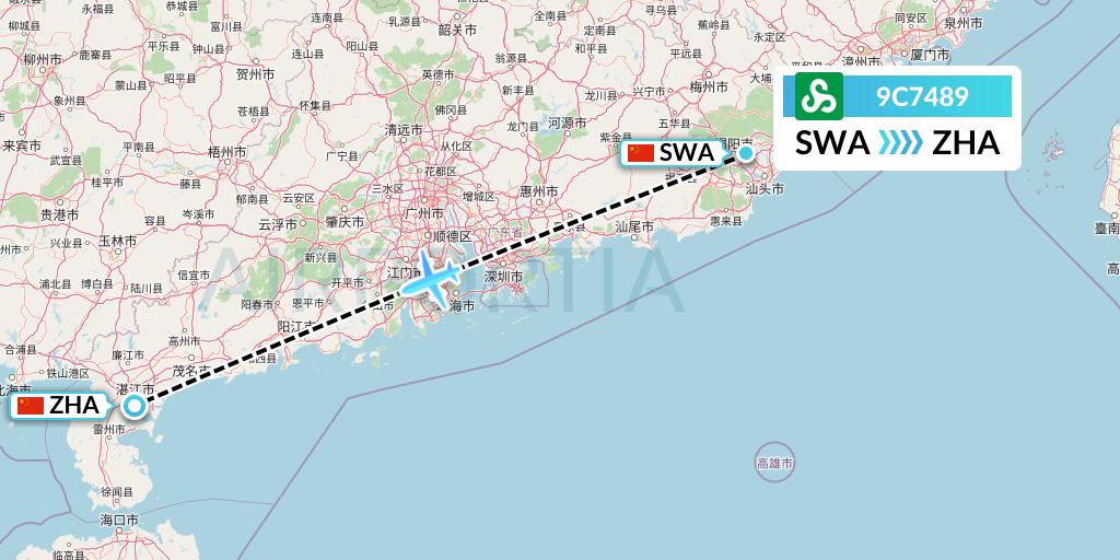 9C7489 Spring Airlines Flight Map: Jieyang to Zhanjiang