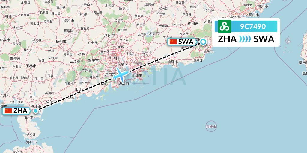 9C7490 Spring Airlines Flight Map: Zhanjiang to Jieyang