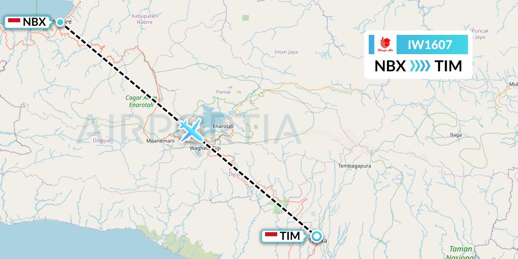 IW1607 Wings Air Flight Map: Nabire-Papua Island to Timika
