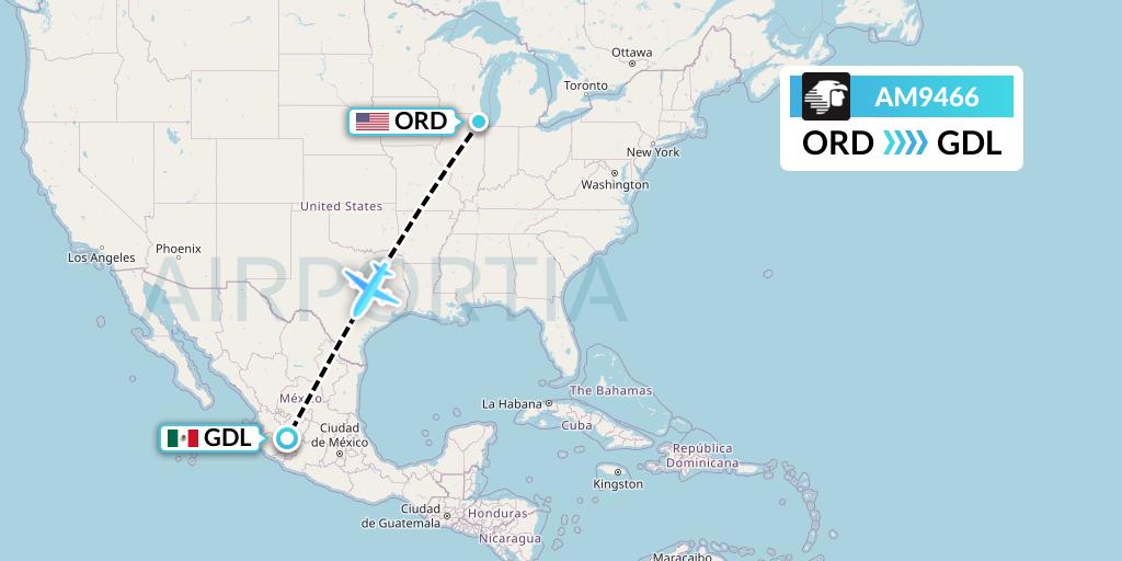 AM9466 Aeromexico Flight Map: Chicago to Guadalajara