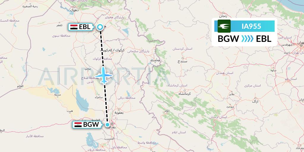 IA955 Iraqi Airways Flight Map: Baghdad to Arbil