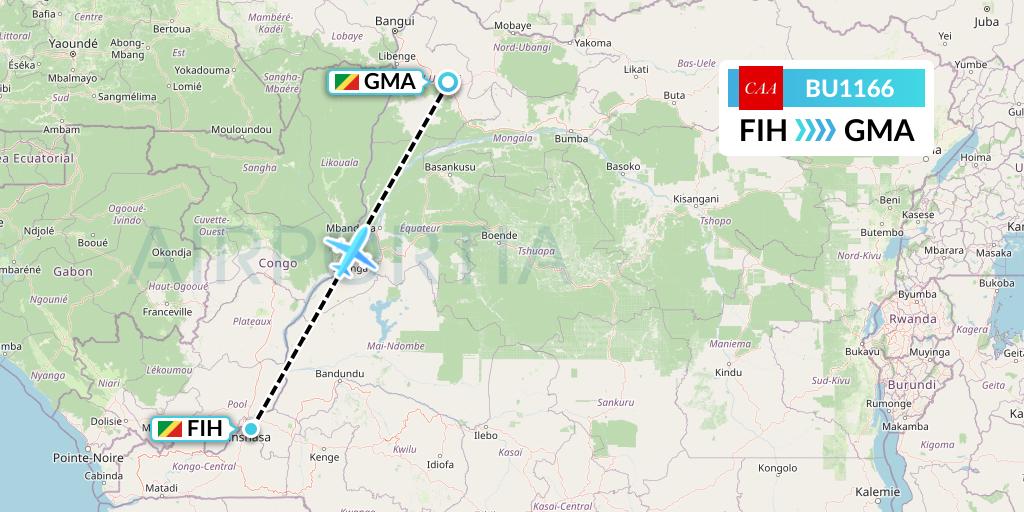 BU1166 flyCAA Flight Map: Kinshasa to Gemena