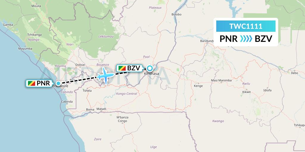 TWC1111 Canadian Airways Congo Flight Map: Pointe Noire to Brazzaville