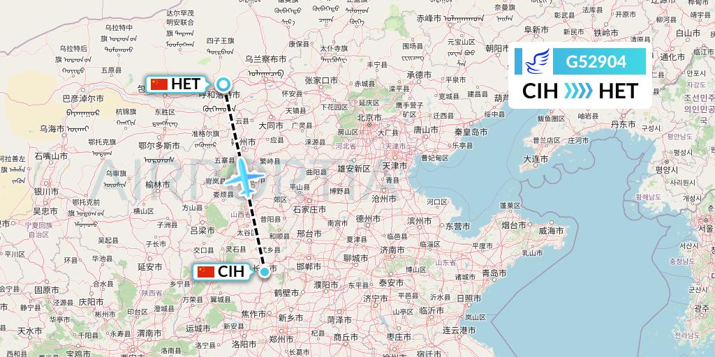 G52904 China Express Airlines Flight Map: Changzhi to Hohhot