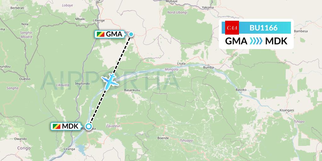 BU1166 flyCAA Flight Map: Gemena to Mbandaka