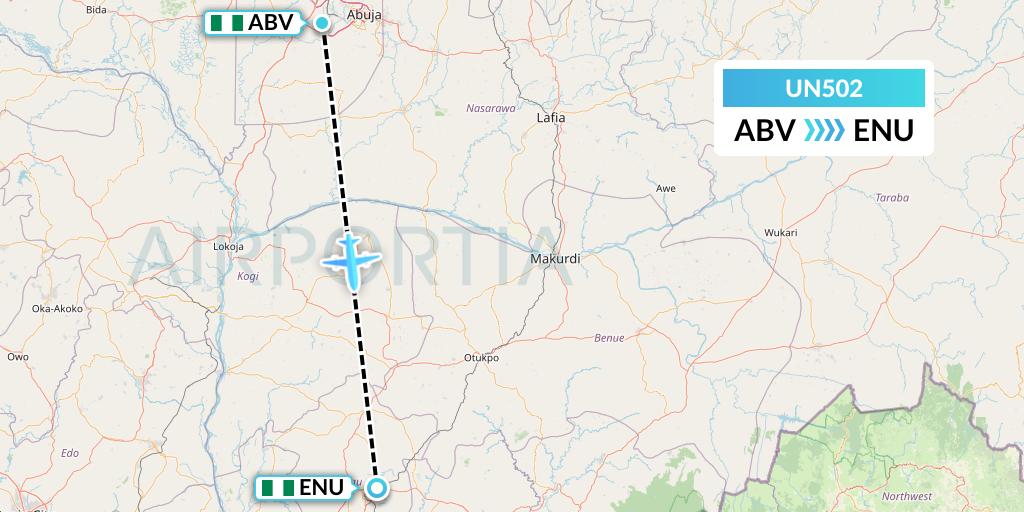 UN502 United Nigeria Airlines Flight Map: Abuja to Enugu