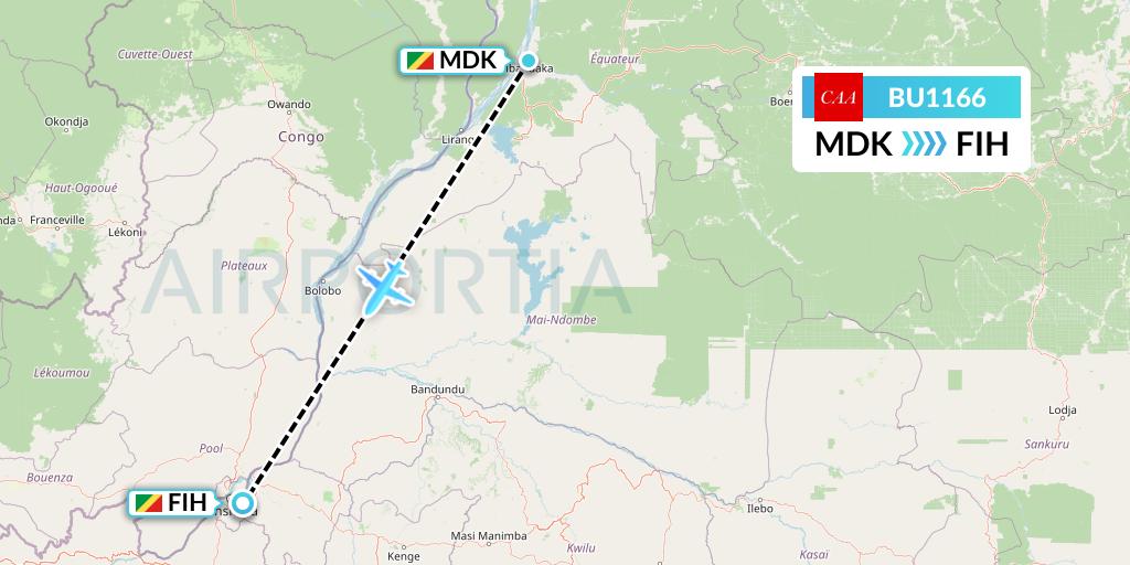 BU1166 flyCAA Flight Map: Mbandaka to Kinshasa