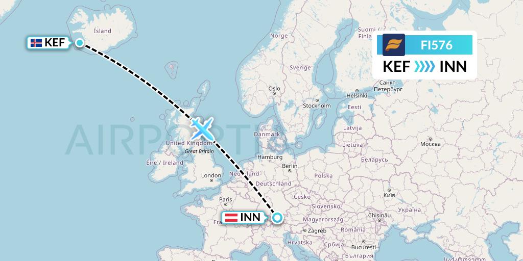 FI576 Icelandair Flight Map: Reykjavik to Innsbruck
