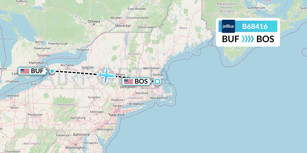 B68416 JetBlue Airways Flight Map: Buffalo to Boston