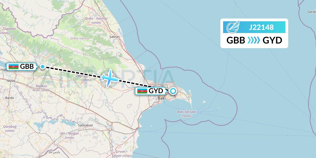 J22148 Azerbaijan Airlines Flight Map: Qabala to Baku