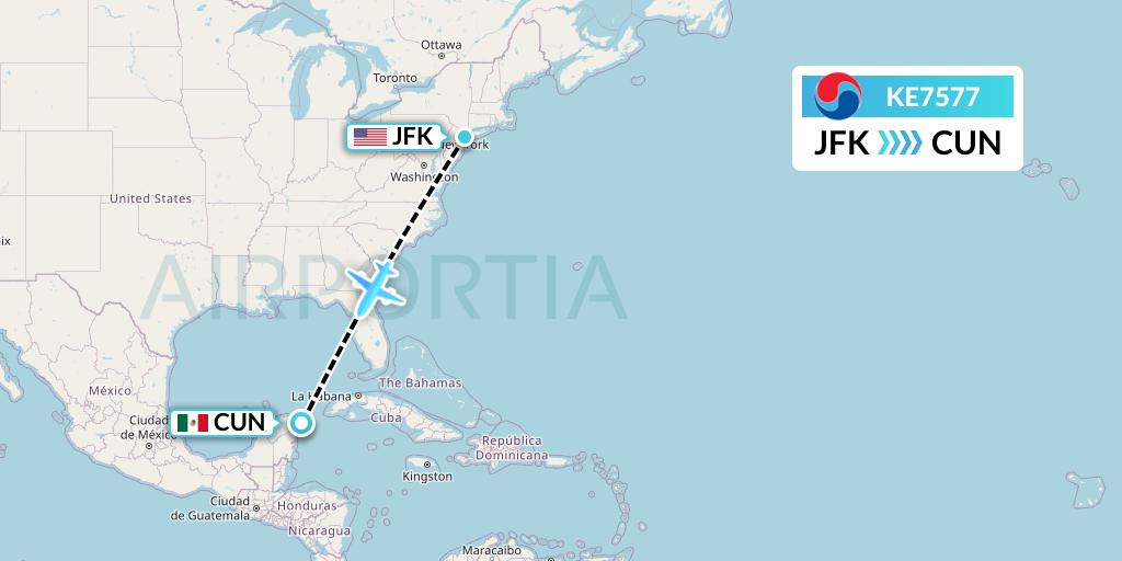 KE7577 Korean Air Flight Map: New York to Cancun
