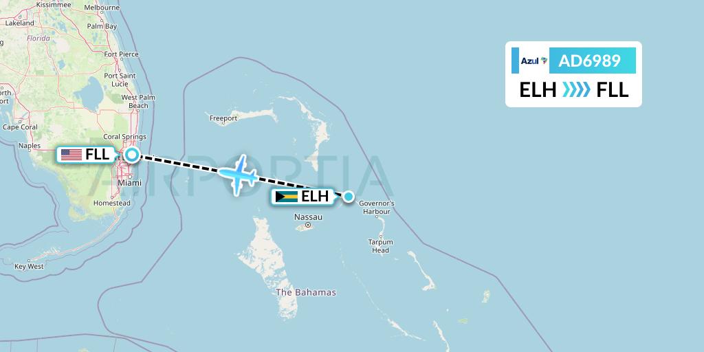AD6989 Azul Brazilian Airlines Flight Map: North Eleuthera to Fort Lauderdale