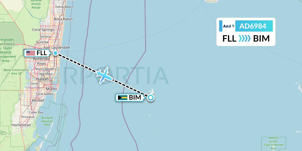 AD6984 Azul Brazilian Airlines Flight Map: Fort Lauderdale to South Bimini