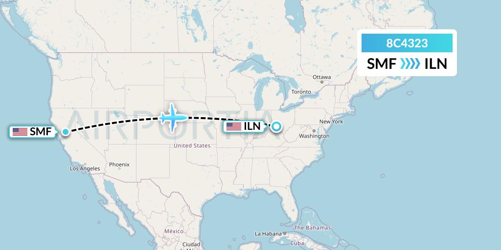 8C4323 Air Transport International Flight Map: Sacramento to Wilmington