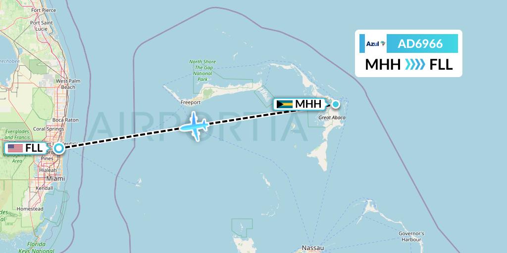 AD6966 Azul Brazilian Airlines Flight Map: Marsh Harbour to Fort Lauderdale