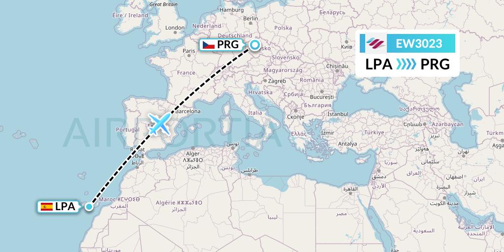 EW3023 Eurowings Flight Map: Las Palmas to Prague