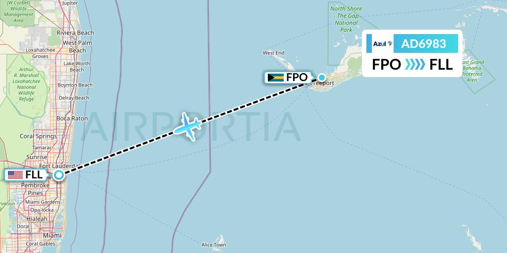 AD6983 Azul Brazilian Airlines Flight Map: Freeport to Fort Lauderdale