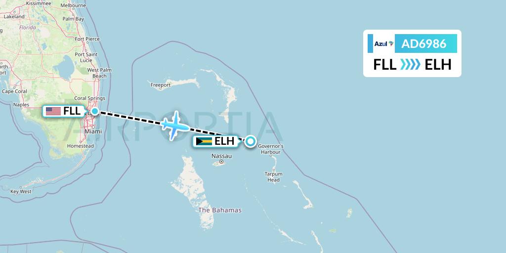 AD6986 Azul Brazilian Airlines Flight Map: Fort Lauderdale to North Eleuthera